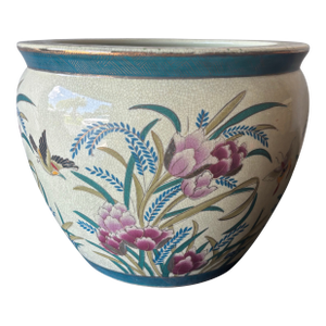 Vintage Chinese Chinoiserie Peony & Koi Porcelain Planter