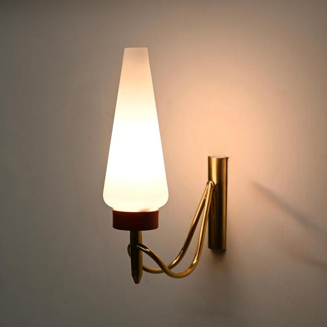 Sconces in Brass, Opal Glass and Red Metal attributed to Oscar Torlasco, Italy, 1950s, Set of 2 For Sale - Image 13 of 14