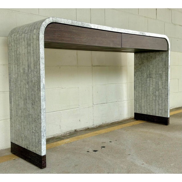 Original retail $6716, stylish Jonathan Charles Modern Eggshell Gaia Console Table, chocolate apricot singles oak wood...