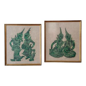 Pair of Green Framed Thai Rubbing-Style Wall Art