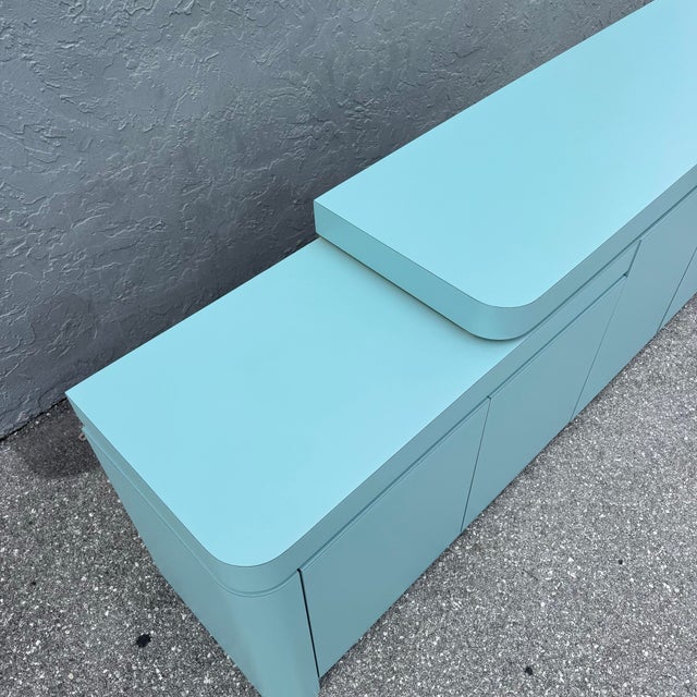 Postmodern Sky Blue Matte Laminate Credenza With Gold Accent For Sale In West Palm - Image 6 of 9