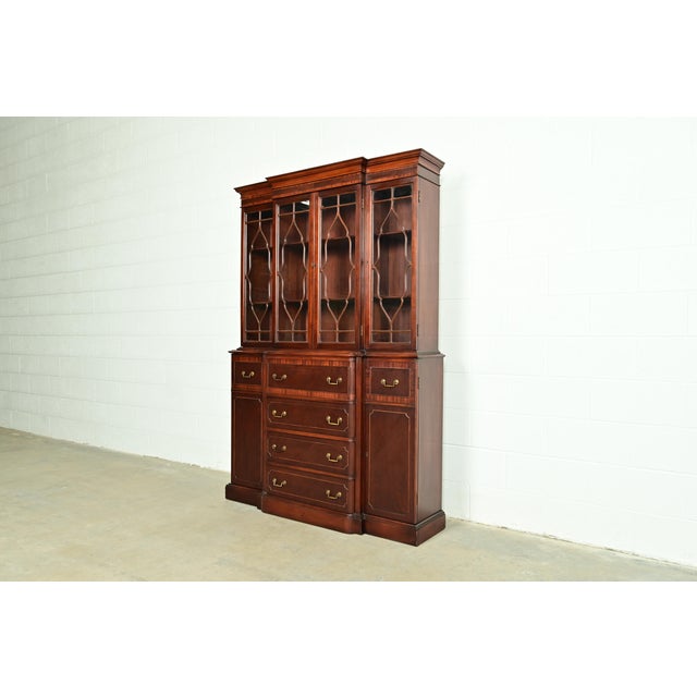 English Baker Furniture Style Georgian Banded Mahogany Breakfront Bookcase Cabinet With Drop Front Secretary Desk For Sale - Image 3 of 15