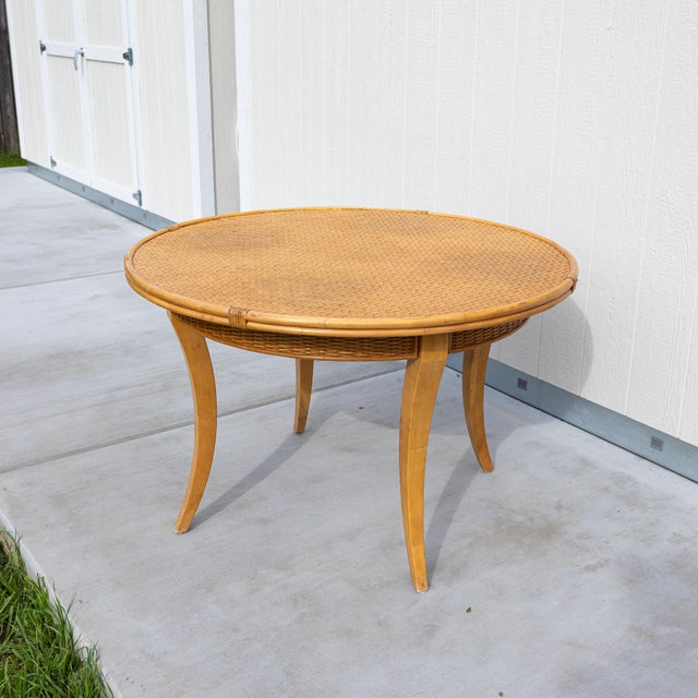 Contemporary Vintage Round Woven Wicker & Rattan Herringbone Parquetry Dining Table - 48" For Sale - Image 3 of 13