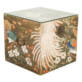 Chinese Qing Style Painted Exotic Birds Leather Trunk Table For Sale