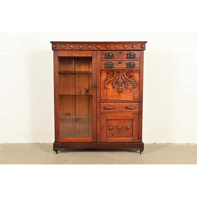 Antique Victorian Carved Oak Smoker's Display Cabinet With Drop Front Desk, Circa 1900 For Sale - Image 13 of 13