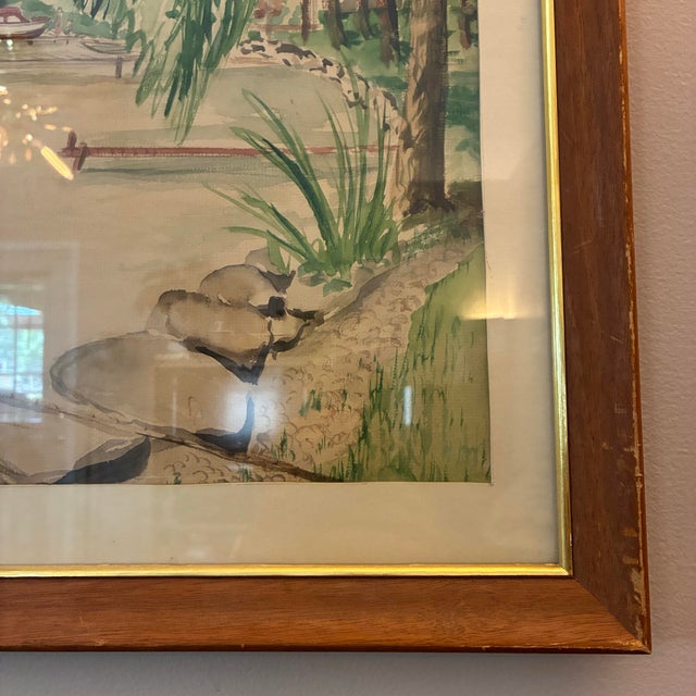 Wood Original Watercolor Lake Painting Mid Century 1954 Framed by Mary O Strouse For Sale - Image 7 of 12