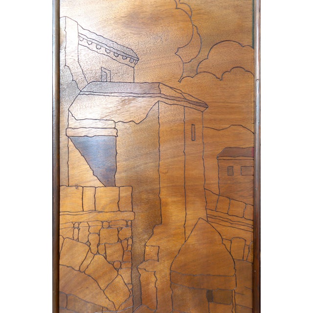 1930s Art Nouveau / Art Deco Pyroengraved Screen with Medieval Mediterranean Townscape, 1930s For Sale - Image 5 of 17