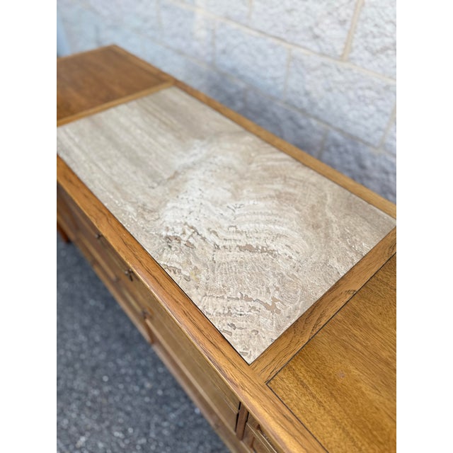 Brown 1960s Drexel Mid-Century Modern Lowboy Dresser With Travertine Top For Sale - Image 8 of 12