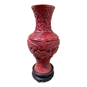 Antique Chinese Republic Era Carved Red Cinnabar 7.5” Landscape & Figures Vase