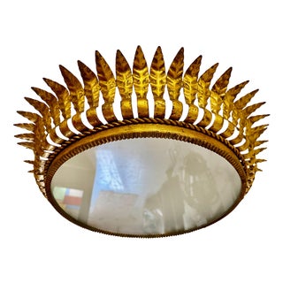 Large Spanish Crown Sunburst Fixture in Gilt Metal and Frost Glass, 1950 For Sale