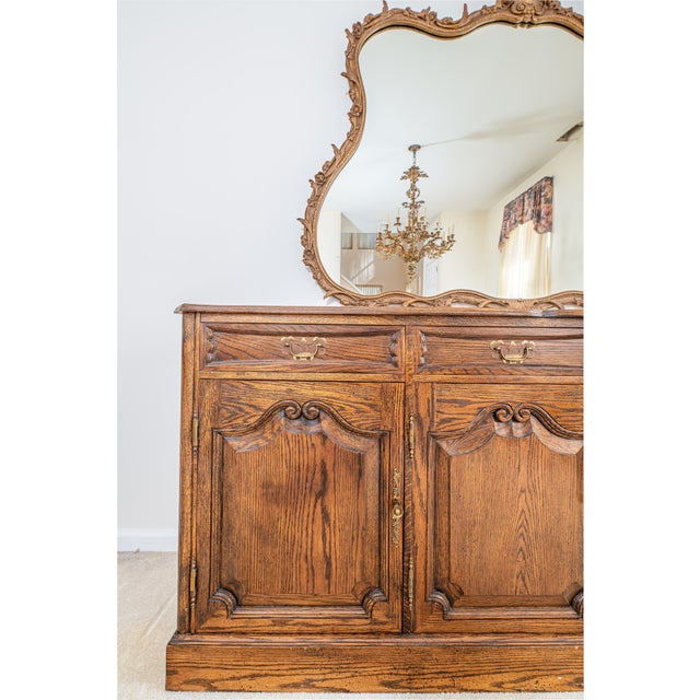 Baker Furniture Company Custom French Provincial Style Oak Buffet / Sideboard – Baker Style, Carved Details, 83” For Sale - Image 4 of 6