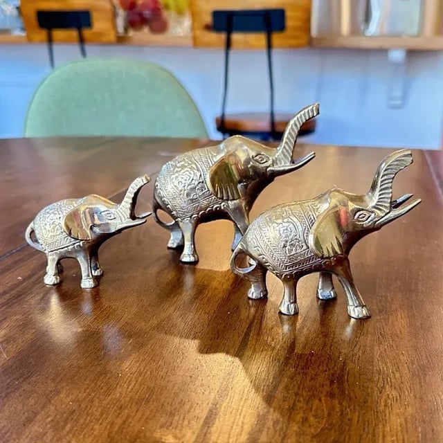 1970s Set of Three Vintage Brass Elephant Figurines Lucky Trunks Up Made in India For Sale - Image 5 of 12