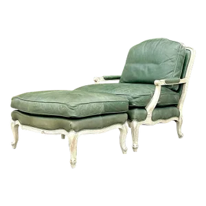 Vintage Regency Provincial Green Leather Lounge Chair and Ottoman