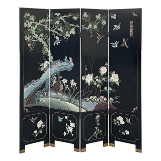 Chinese Black Base Color Flower Birds Graphic Floor Screen Divider For Sale
