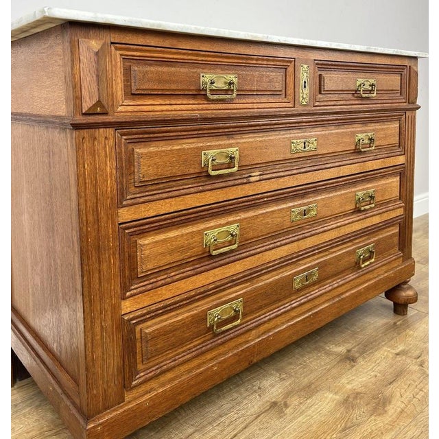 Gold Antique French Oak Marble Top Carved Chest of Drawers For Sale - Image 8 of 15