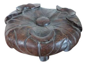 19th Century Chinese Carved Wood Lotus Leaf Display Stand for Porcelain Tripod Censer or Vase