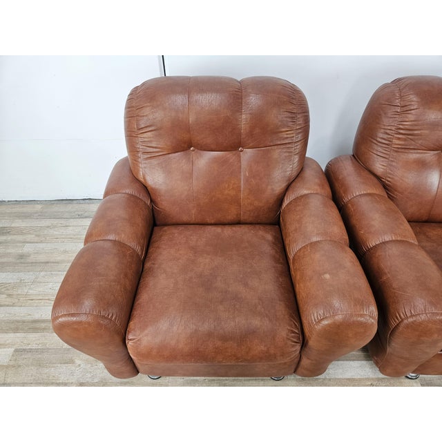 Vintage Italian Brown Leather Club Chairs, 1970s, Set of 2 For Sale - Image 6 of 17