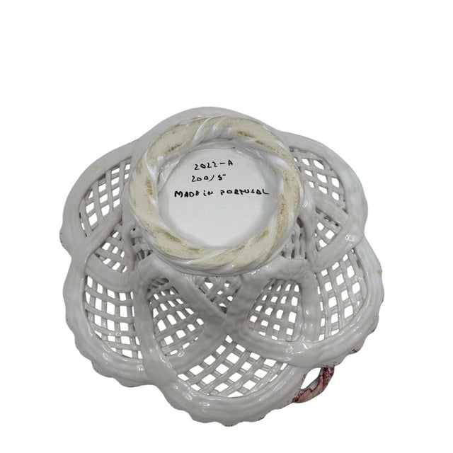 Pink Hand Made White and Pink Reticulated Ceramic Basket Made in Portugal For Sale - Image 8 of 9