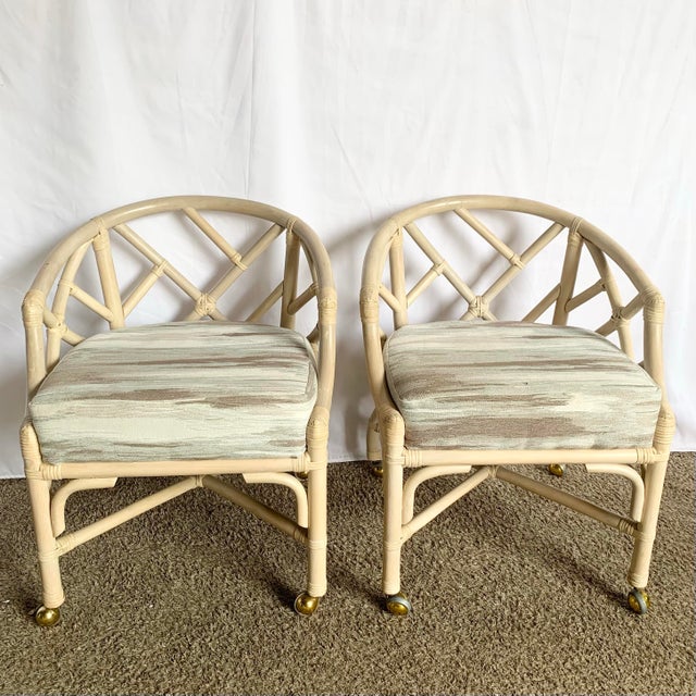 Coastal Vintage Coastal Chippendale Style Rattan Dining Arm Chairs on Caster by Ficks Reed - Set of 6 For Sale - Image 3 of 10