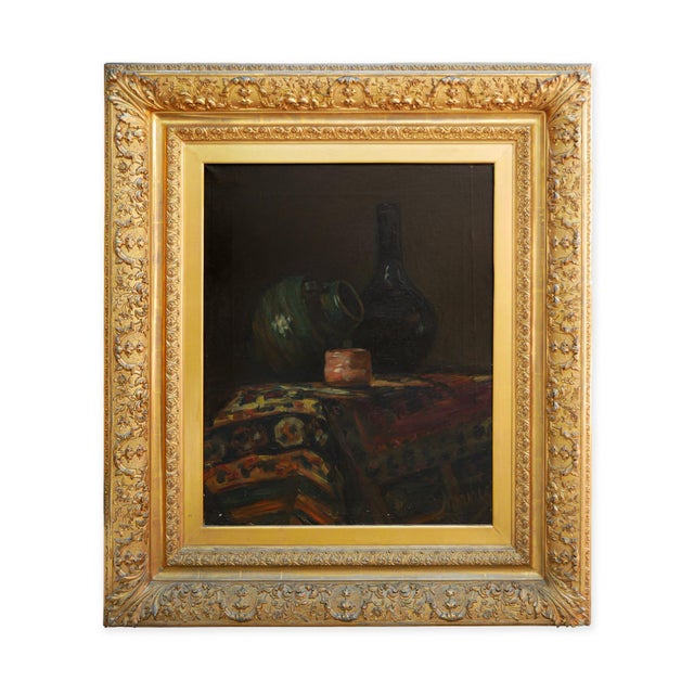 Leo Nardus Early 20th Century Naturalistic Still Life Painting of Jugs and a Carpet, Early 20th Century For Sale - Image 4 of 11