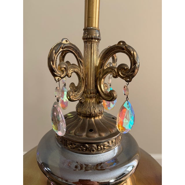 1960s Vintage 1960's Ef & Ef Industries Cat. No. 414 Iridescent Carnival Glass Lamp With Ab Crystals & Original Shade For Sale - Image 5 of 16