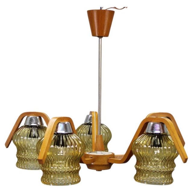 Mid-Century Modern Czech Wood and Glass Chandelier, 1970s For Sale - Image 9 of 9