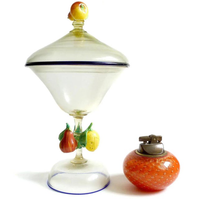 Beautiful, early antique Murano hand blown Italian art glass covered jar with applied fruit decoration and cobalt blue...