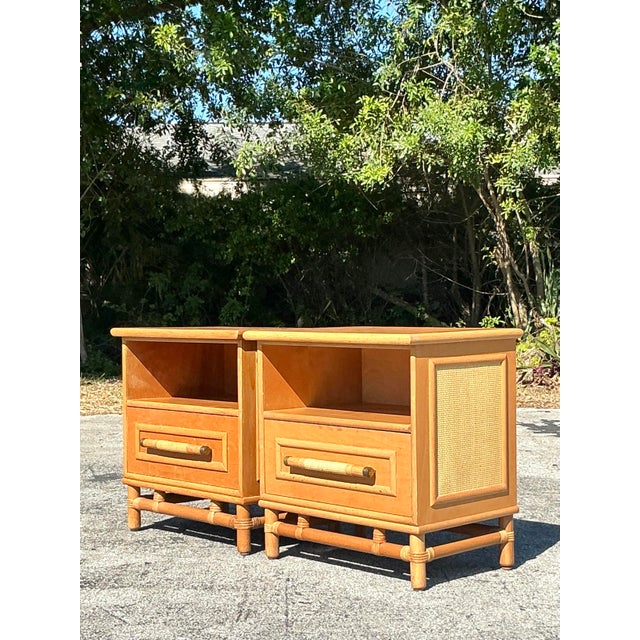 Coastal Vintage Coastal Rattan Trimmed Nightstands - A Pair For Sale - Image 3 of 8