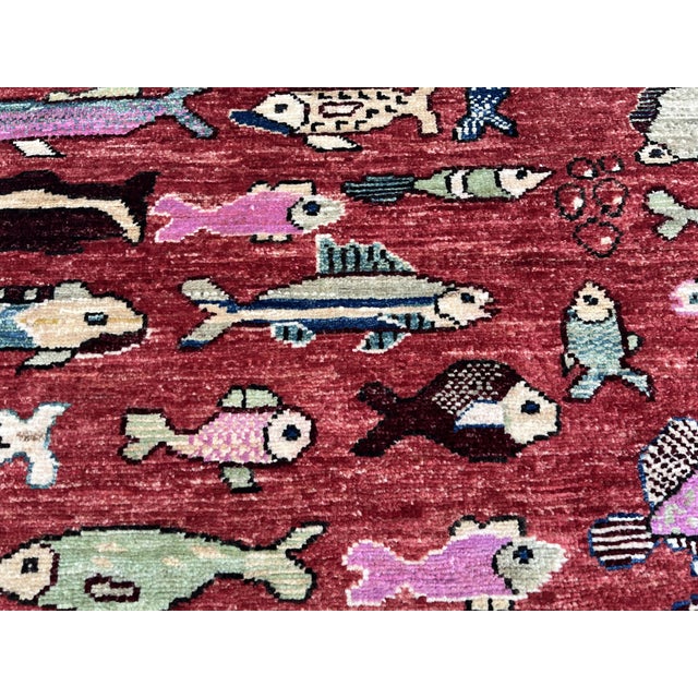 Textile Hand-Knotted Pictorial Fish Runner on Red Ground, 2'8" X 8'0" For Sale - Image 7 of 9