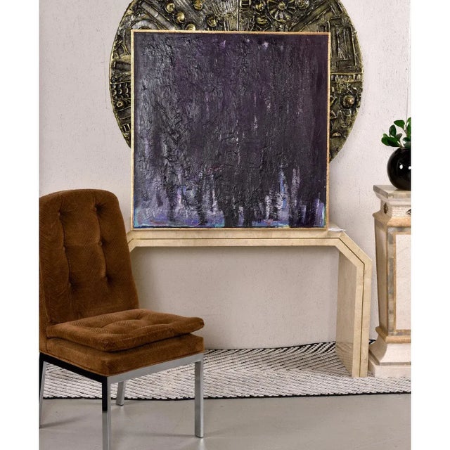 This richly textured abstract Color Field painting presents a brooding field of deep eggplant purple with lavender and...