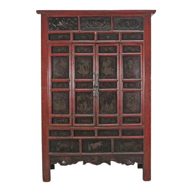 Hand Painted 80" Inch Tall Antique Chinese Cabinet For Sale