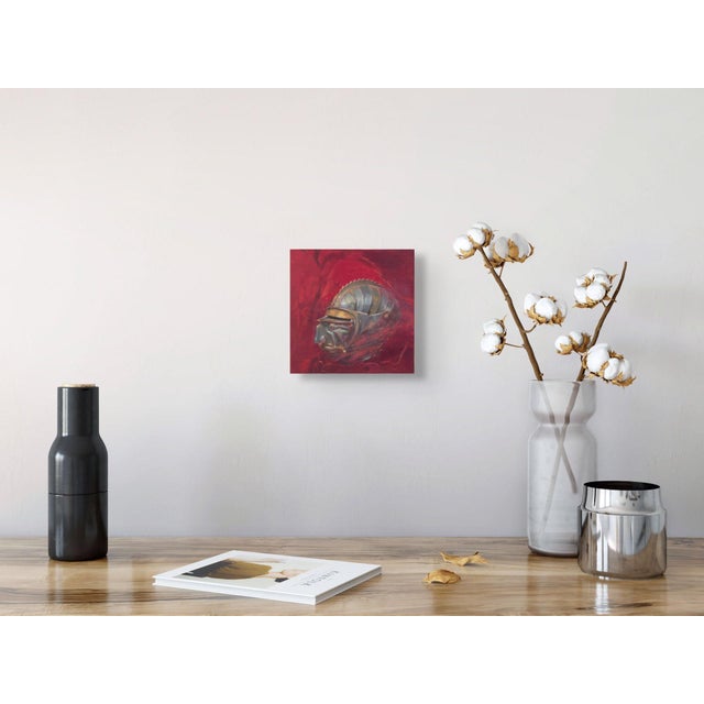 Early 21st Century Transfiguration by Elena Burykina | Oil on panel Still life of a metallic helmet on a red background For Sale - Image 5 of 5