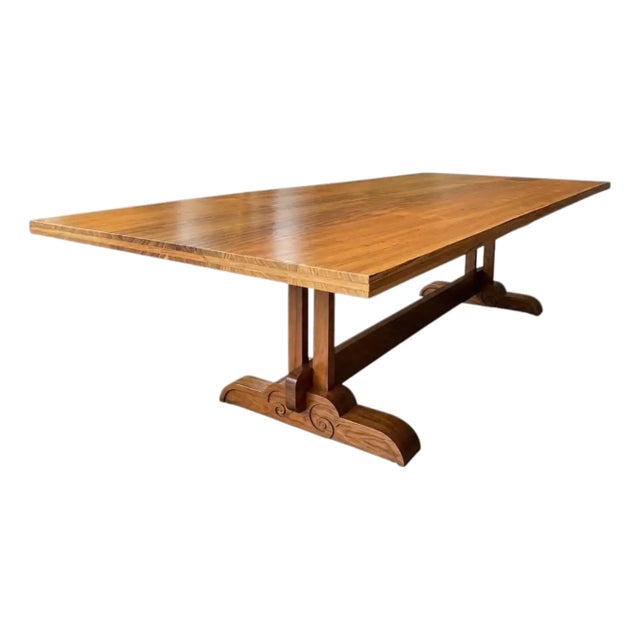 Monumental 10-Foot Arts & Crafts Sculptural Solid Walnut Trestle Dining Table For Sale