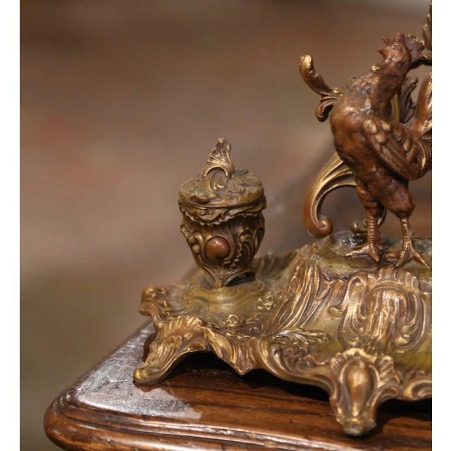 French 19th Century French Gilt Spelter Rooster Inkwell Signed A. Bossu For Sale - Image 3 of 12