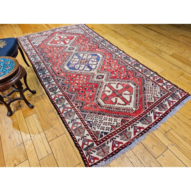 Vintage Persian Shiraz Tribal Area Rug, Hand-Knotted Wool, Geometric Pattern, Red & Ivory, 5x10 For Sale - Image 4 of 13