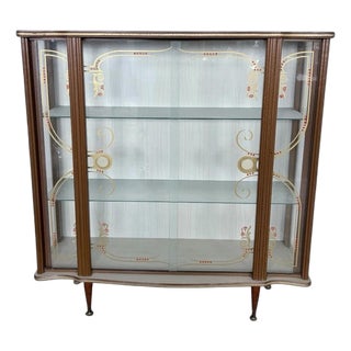 Mid-Century Formica and Curved Glass Display Bar with Etched Design For Sale