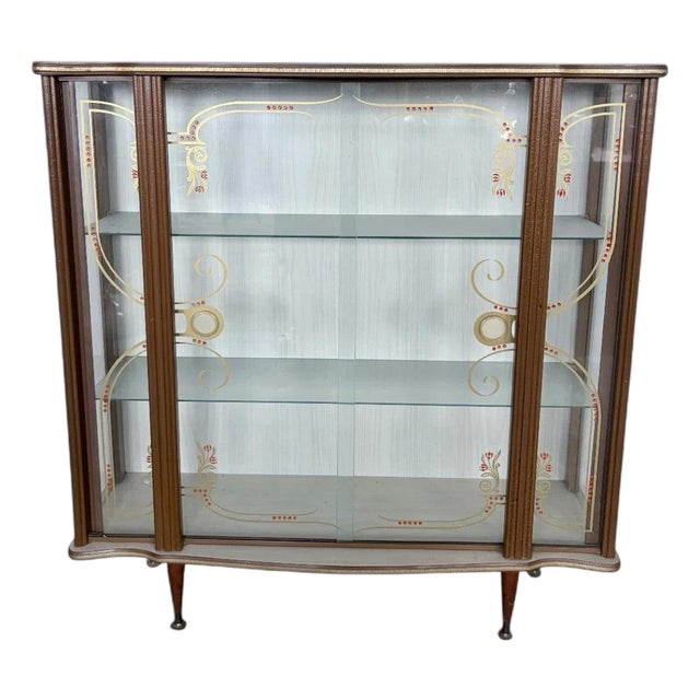 Mid-Century Formica and Curved Glass Display Bar with Etched Design For Sale