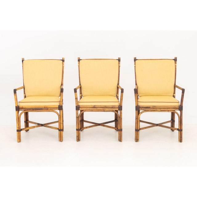 Wood Set of Six Pierce Martin Modern Bamboo and Rattan Wrapped Arm Chairs For Sale - Image 7 of 14