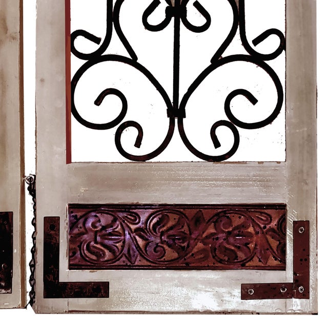 Antique Farmhouse Wood Framed Scrolling Metal Decorative Open