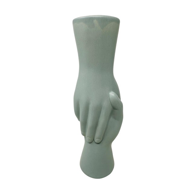 1980s Postmodern 12.25" Clasped Hands Ceramic Sculptural Column Vase in Sage Celadon For Sale - Image 4 of 9