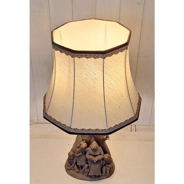 Vintage Figurative Table Lamp in Brown Ceramic with Original Fabric Shade, 1980s For Sale - Image 3 of 7