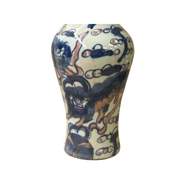 6.5" Blue White Foo Dog Lion Graphic Small Porcelain Baluster Art Vase For Sale - Image 12 of 12