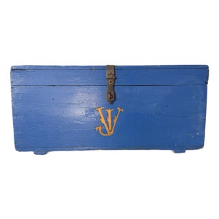 Vintage French Painted Cobalt Blue Trunk For Sale