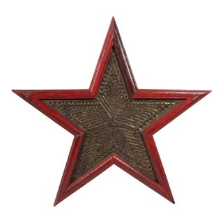 25" Vintage American Handmade Farm Barn Rustic Punched Tin and Wood Garnet Red Star Hanging Wall Art For Sale