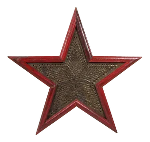 25" Vintage American Handmade Farm Barn Rustic Punched Tin and Wood Garnet Red Star Hanging Wall Art