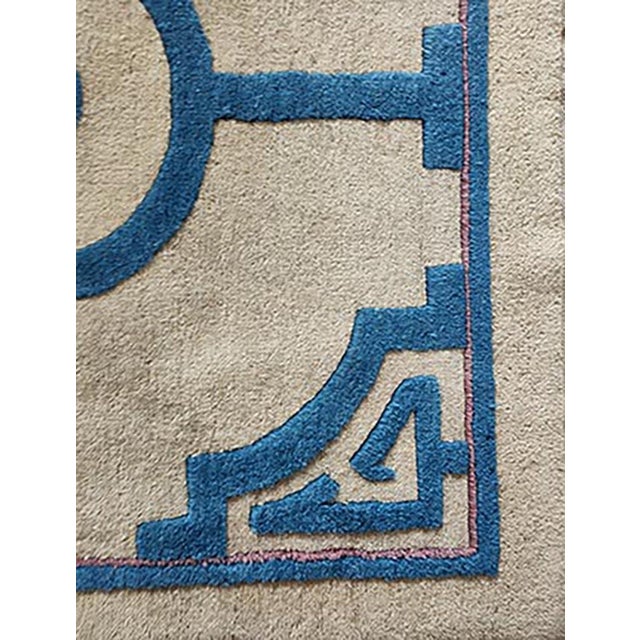 1920s Ivoryy Blue Medallion Antique Chinese Art Deco Rug 3' X 5' Handknotted Wool Carpet For Sale - Image 4 of 4