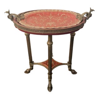 Vintage Sarreid Neoclassical Style Red Porcelain and Brass Tray Table For Sale
