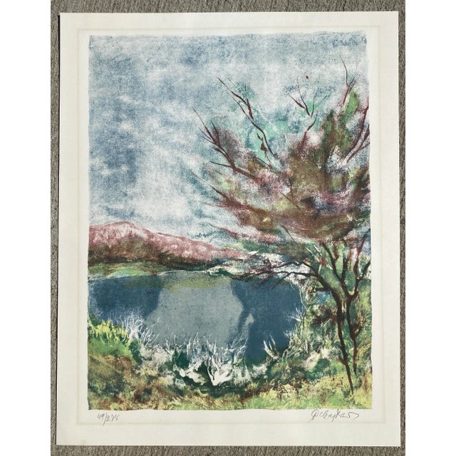 1960s MCM litho landscape by artist Pervez Captain (born India 1929-died France 2003). Pencil signed lower right and...