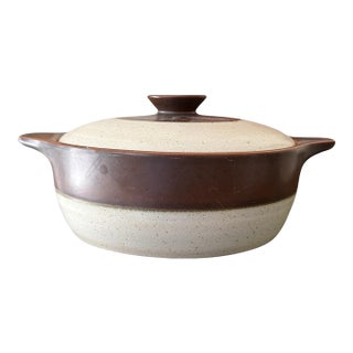1960s Denby Langley England Stoneware Brown and Cream Pottery Lidded Casserole For Sale