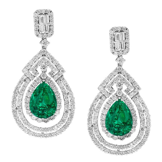 GIA Certified 8Ct Colombian Pear Emerald Diamond Hanging/ Drop Earrings 18K Gold, A Pair For Sale - Image 15 of 18